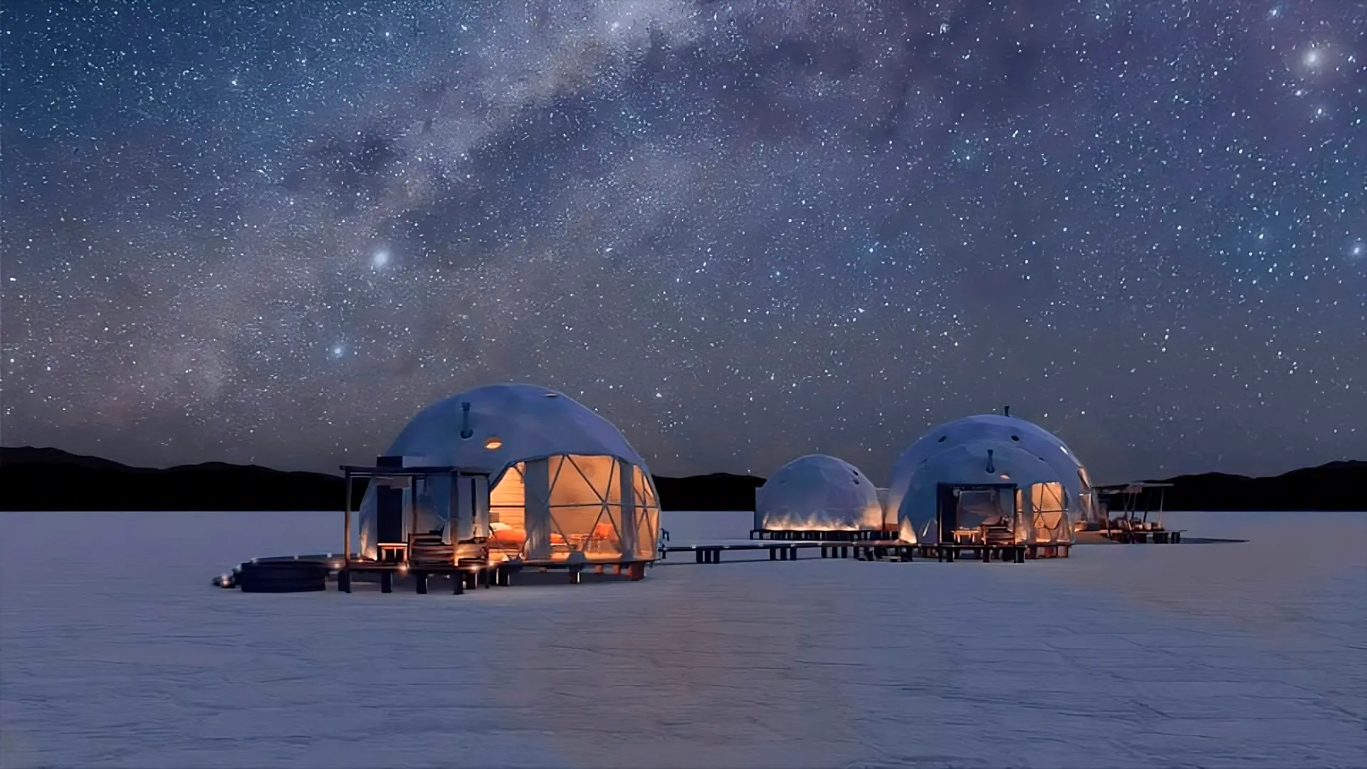 Domo geodésico junto a un lago al atardecer